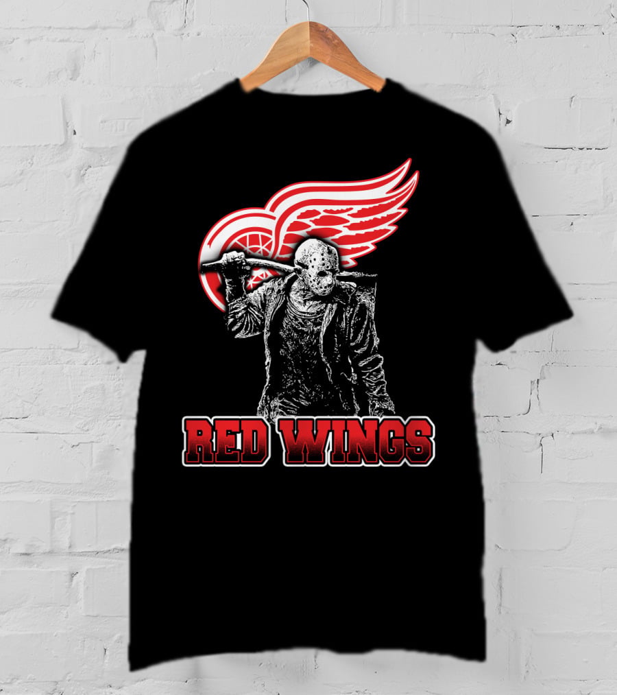 Jason Voorhees With Hockey Mask And Machete In Front Of Detroit Red Wings Logo Text Red Wings T-Shirt