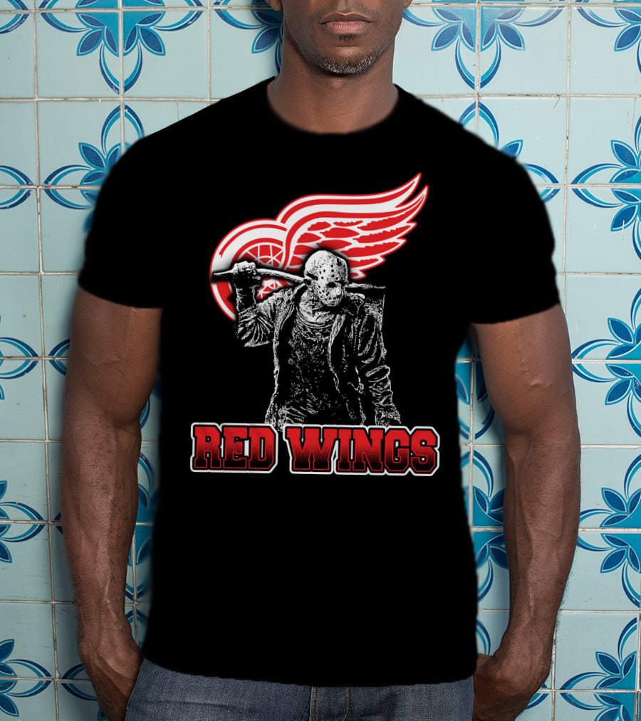 Jason Voorhees With Hockey Mask And Machete In Front Of Detroit Red Wings Logo Text Red Wings T-Shirt