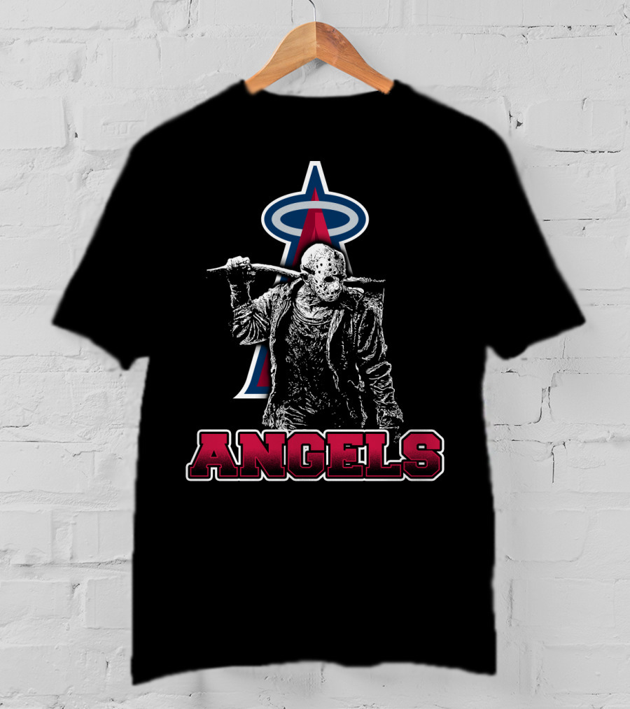 Jason Voorhees With Baseball Bat And Los Angeles Angels Logo Featuring Bold Angels Text T-Shirt