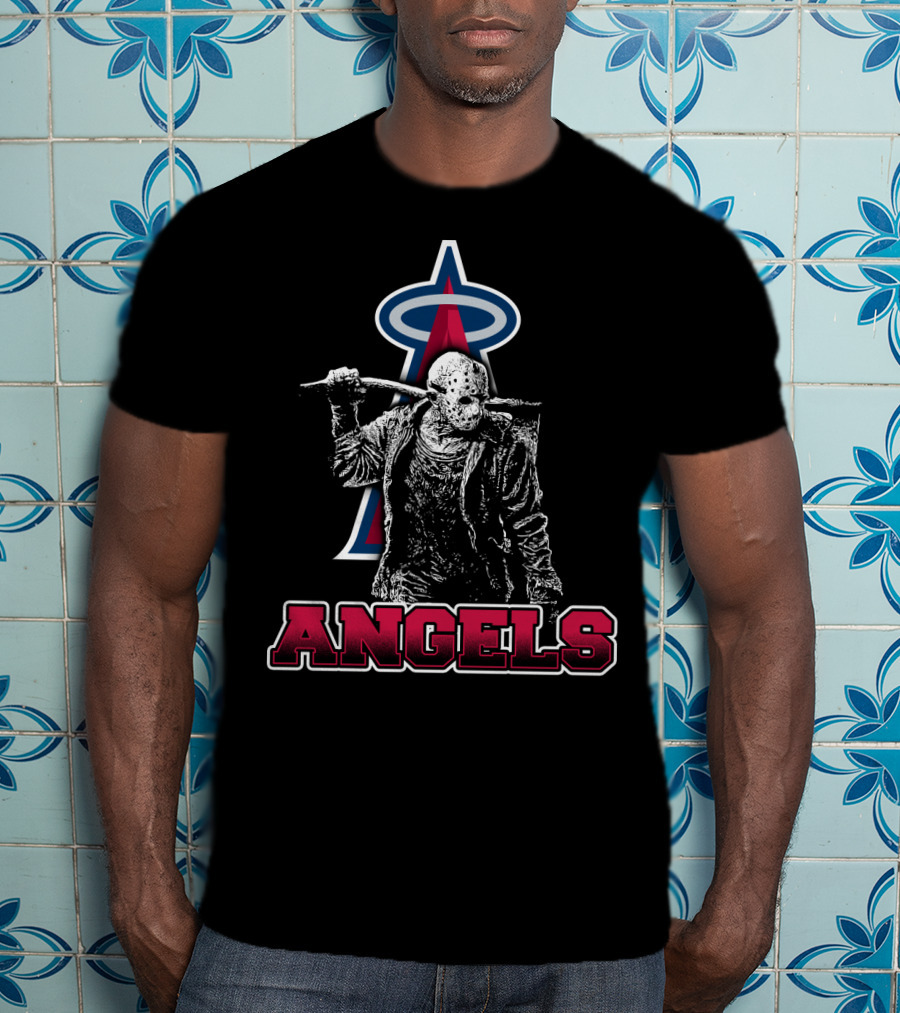 Jason Voorhees With Baseball Bat And Los Angeles Angels Logo Featuring Bold Angels Text T-Shirt