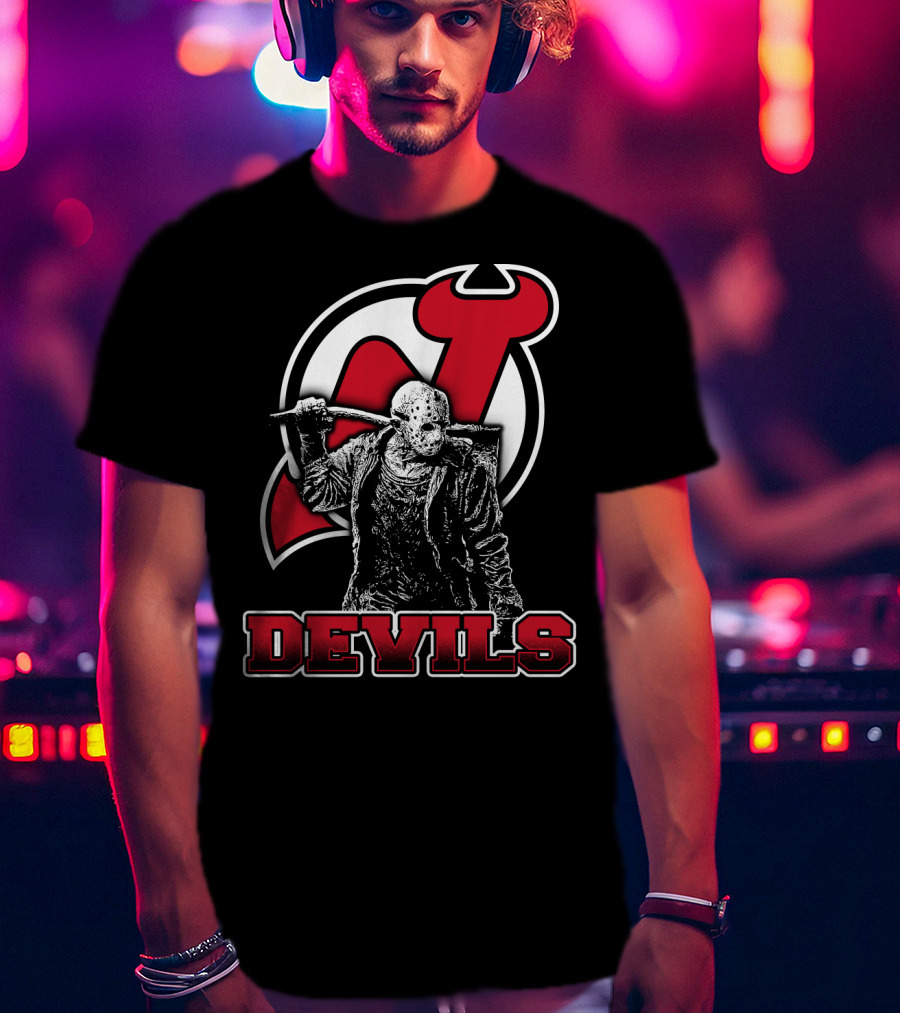 Voorhees New Jersey Devils Fan Mashup With Iconic Mask And Hockey T-Shirt