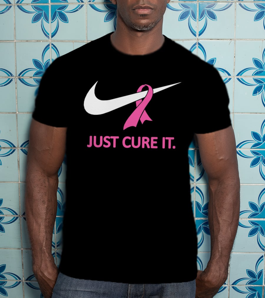 Just Cure It Pink Ribbon Breast Cancer Awareness Swoosh T-Shirt