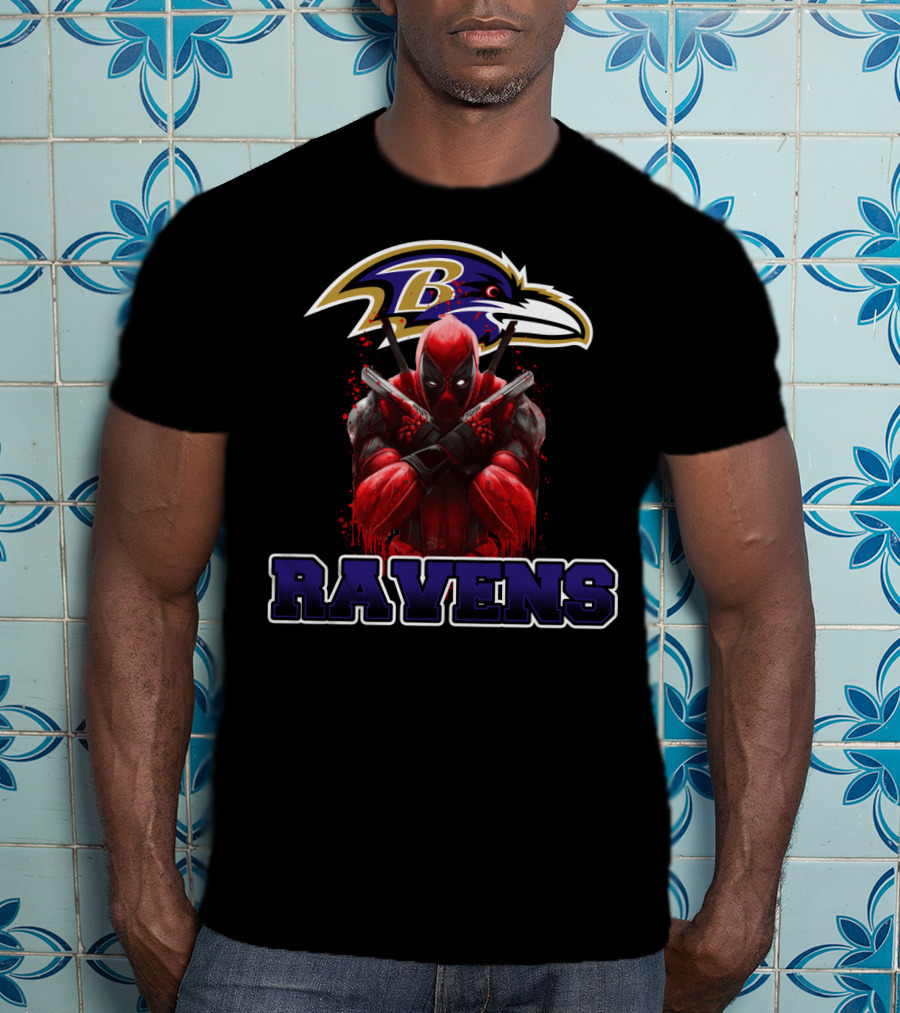Baltimore Ravens Deadpool Crossed Swords Fan Combo T-Shirt