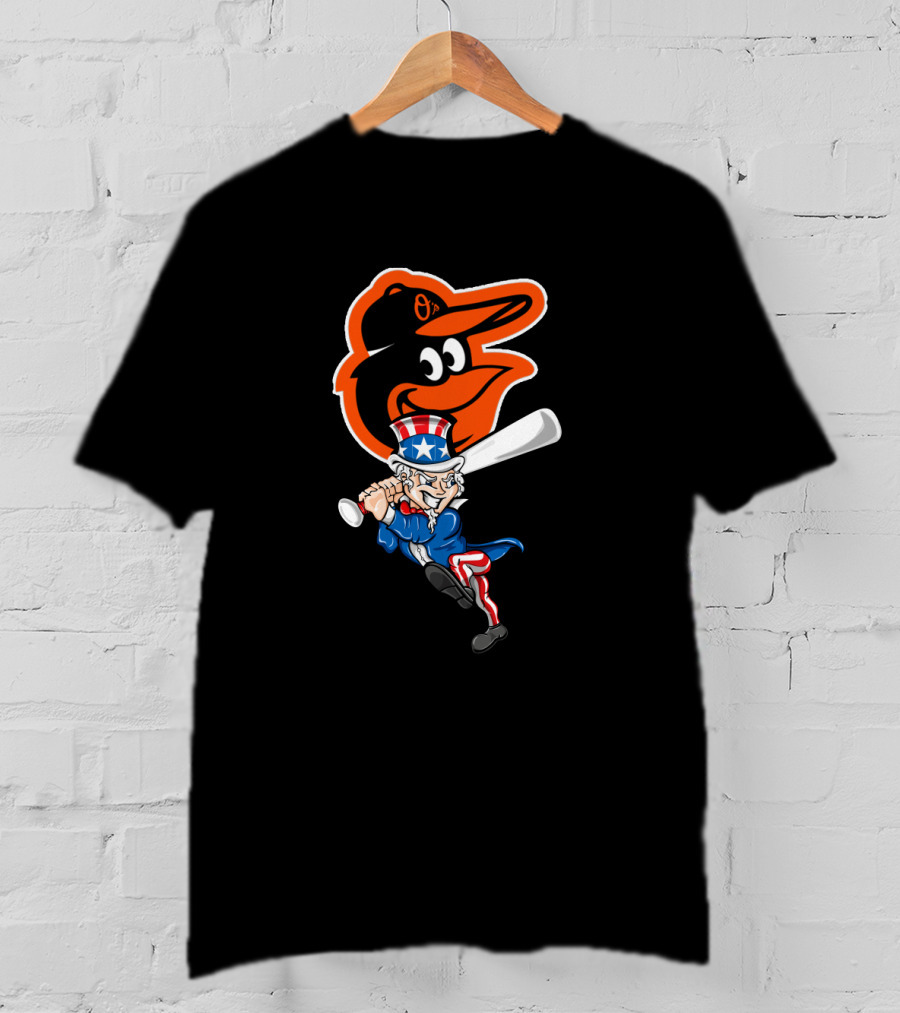 Uncle Sam Swinging Baseball Bat With Baltimore Orioles Logo For 4Th Of July Celebration T-Shirt