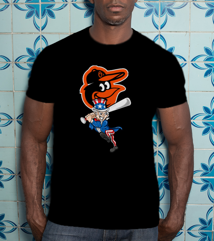 Uncle Sam Swinging Baseball Bat With Baltimore Orioles Logo For 4Th Of July Celebration T-Shirt