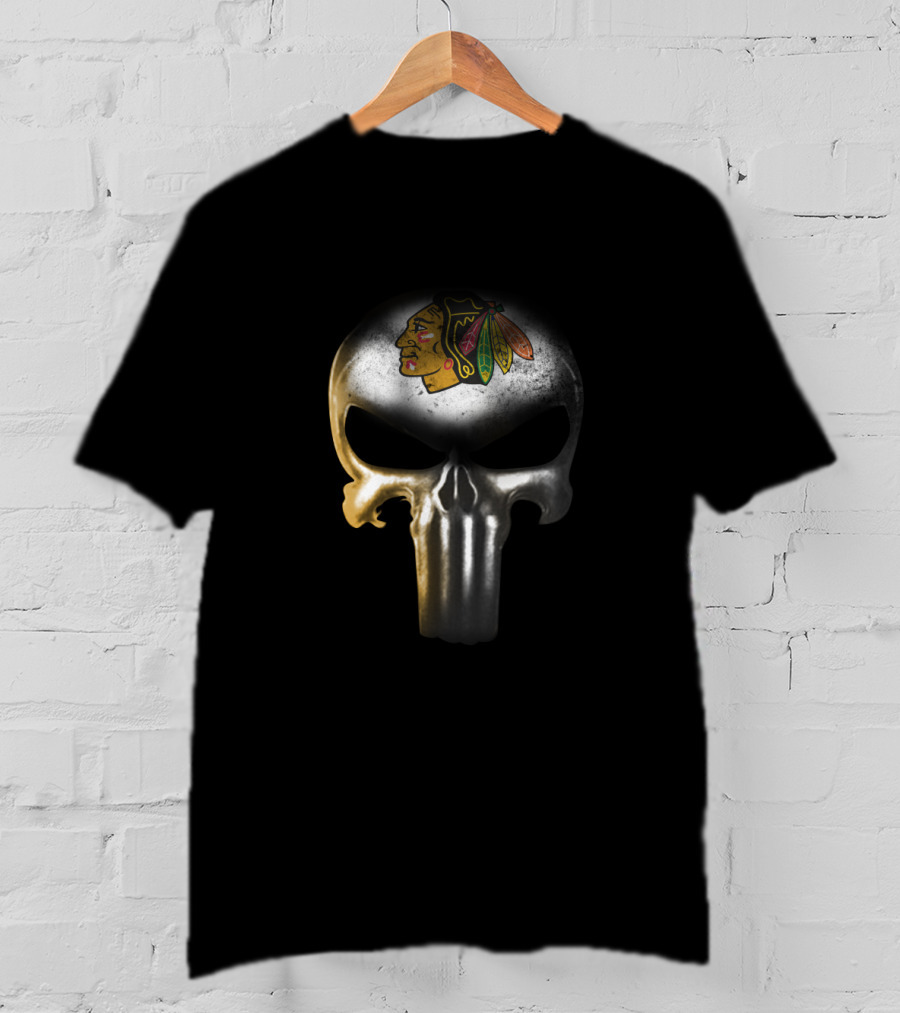 Chicago Blackhawks Fans Punisher Skull Logo Mashup T-Shirt