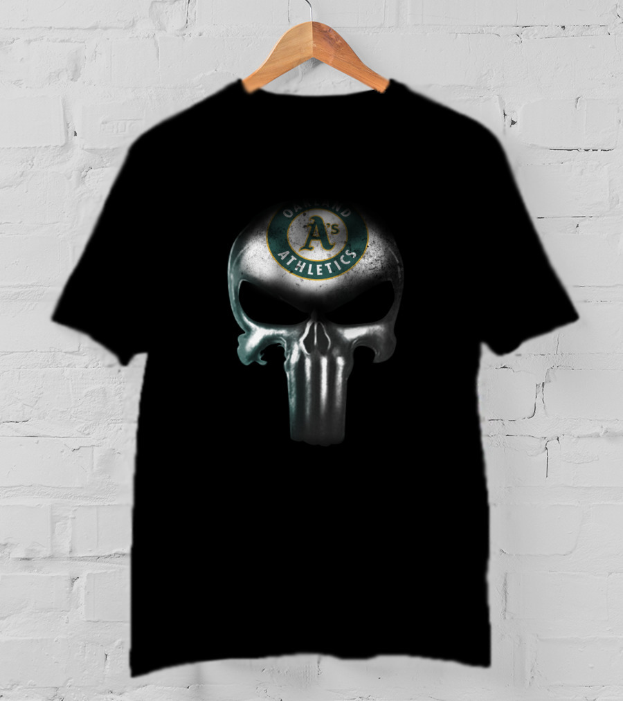 Oakland Athletics Fans Punisher Skull Logo Fusion T-Shirt
