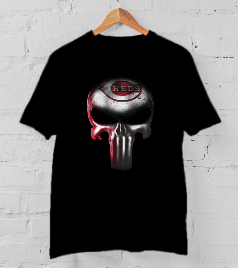 Cincinnati Reds Fans Punisher Skull Iconic Logo Combination T-Shirt