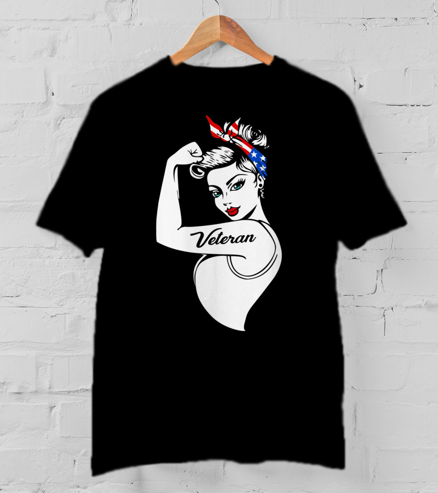 Veteran Strong Woman With Patriotic Headband Rosie The Riveter Style T-Shirt