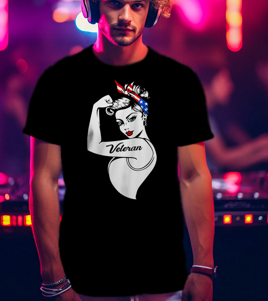 Veteran Strong Woman With Patriotic Headband Rosie The Riveter Style T-Shirt