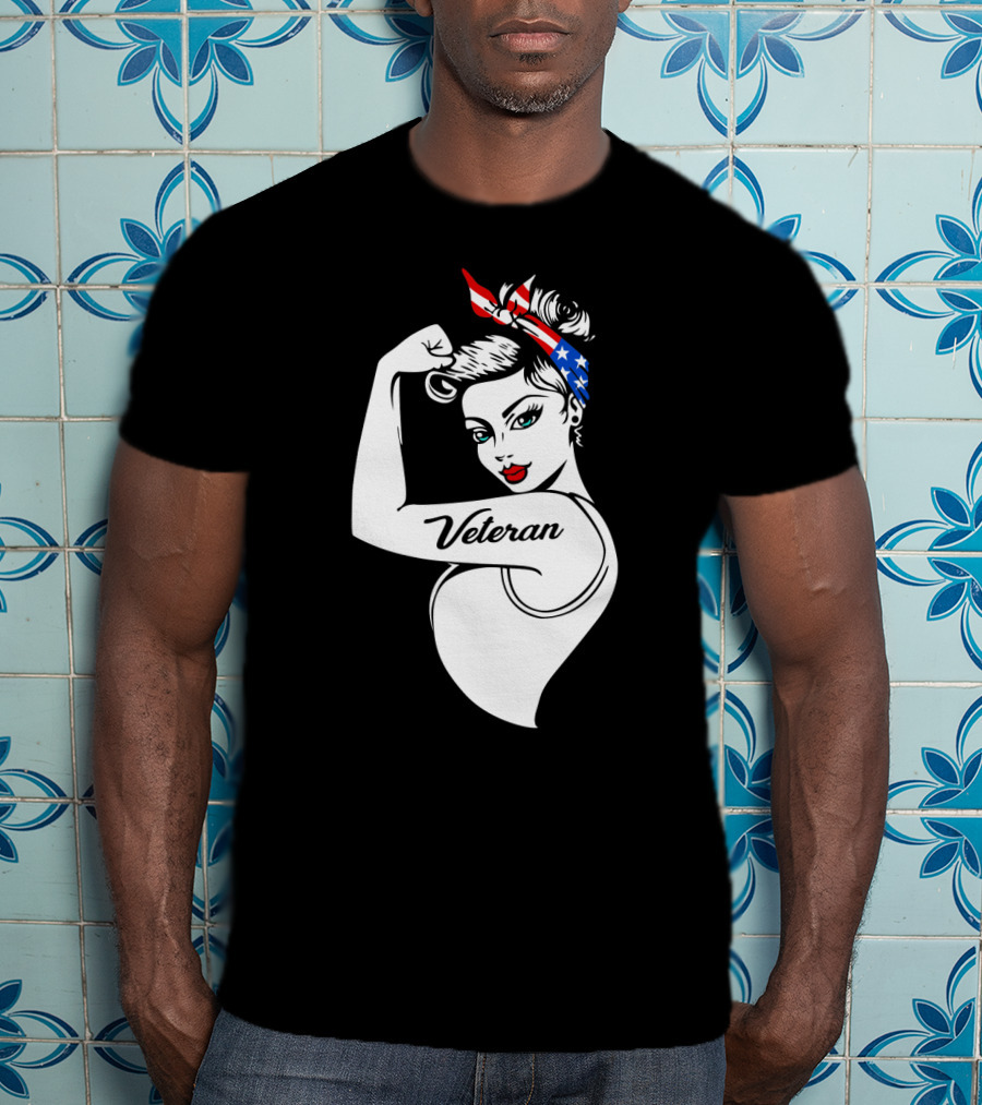 Veteran Strong Woman With Patriotic Headband Rosie The Riveter Style T-Shirt