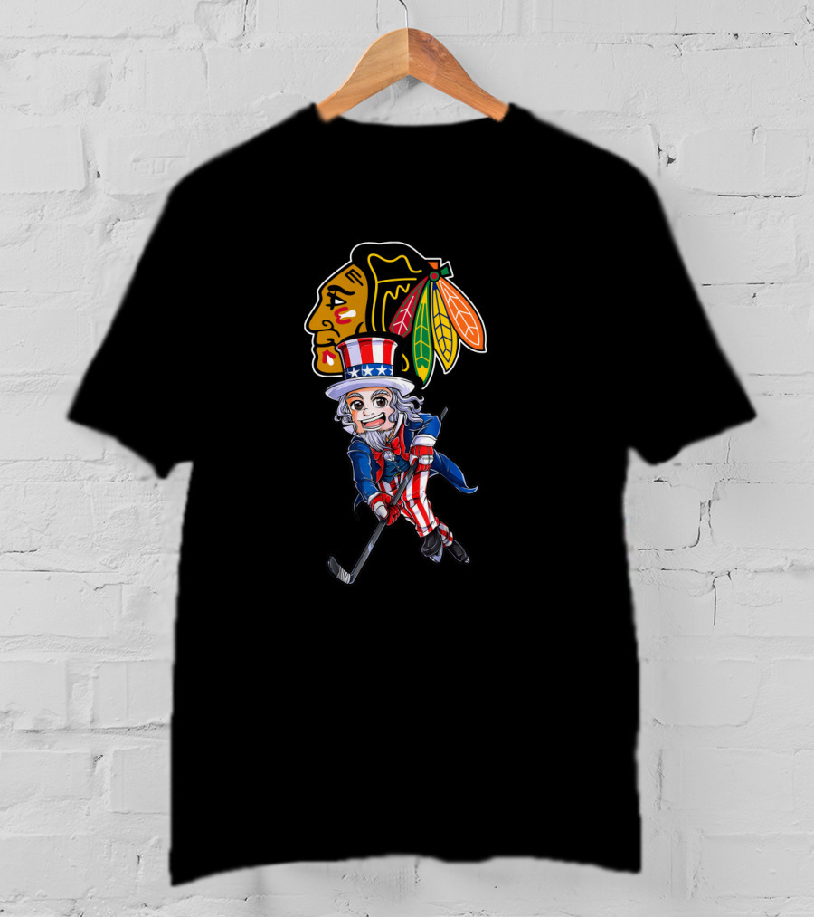 Uncle Sam Playing Hockey With Chicago Blackhawks For 4Th Of July Celebration T-Shirt