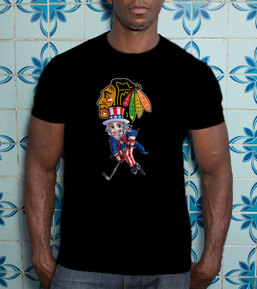 Uncle Sam Playing Hockey With Chicago Blackhawks For 4Th Of July Celebration T-Shirt
