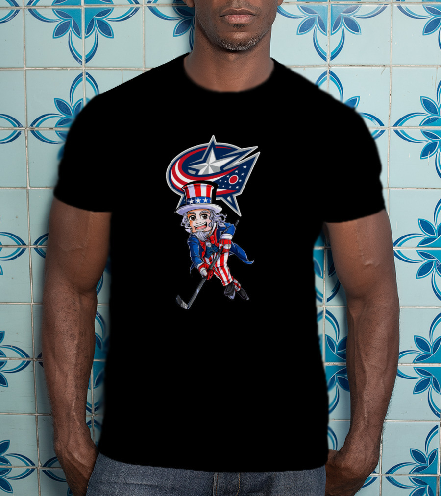 Uncle Sam Playing Hockey With Columbus Blue Jackets For 4Th Of July T-Shirt