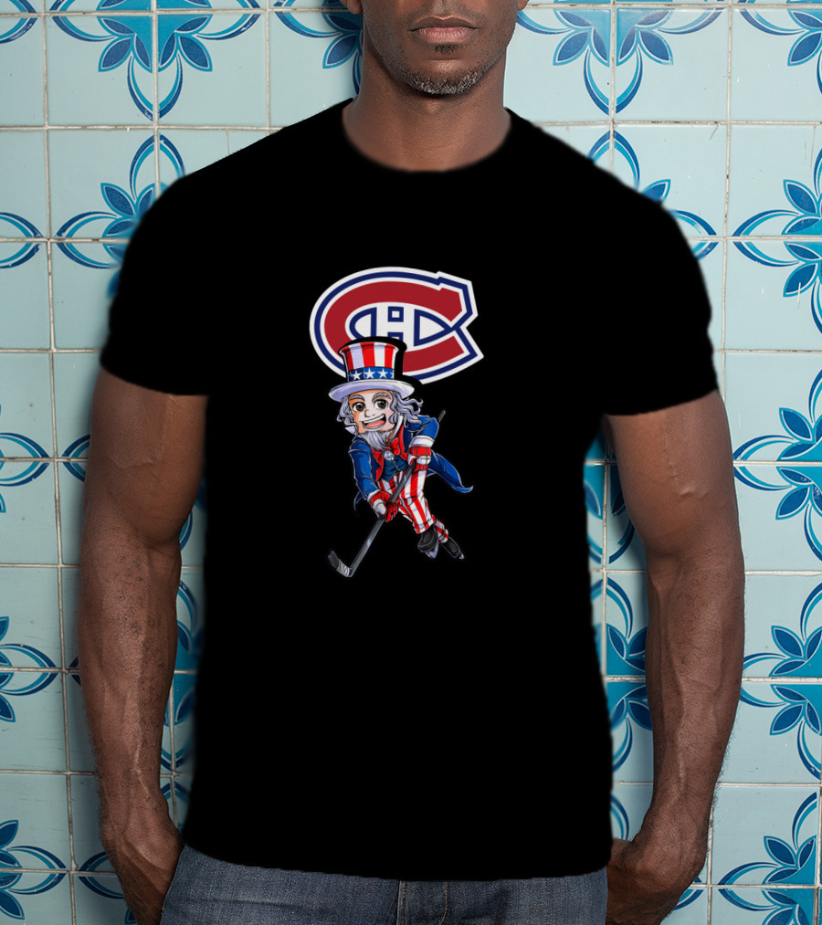 Uncle Sam Playing Hockey With Montreal Canadiens Logo For 4Th Of July Celebration T-Shirt