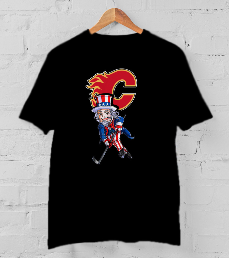 Uncle Sam Playing Hockey With Calgary Flames Emblem For 4Th Of July Celebration T-Shirt