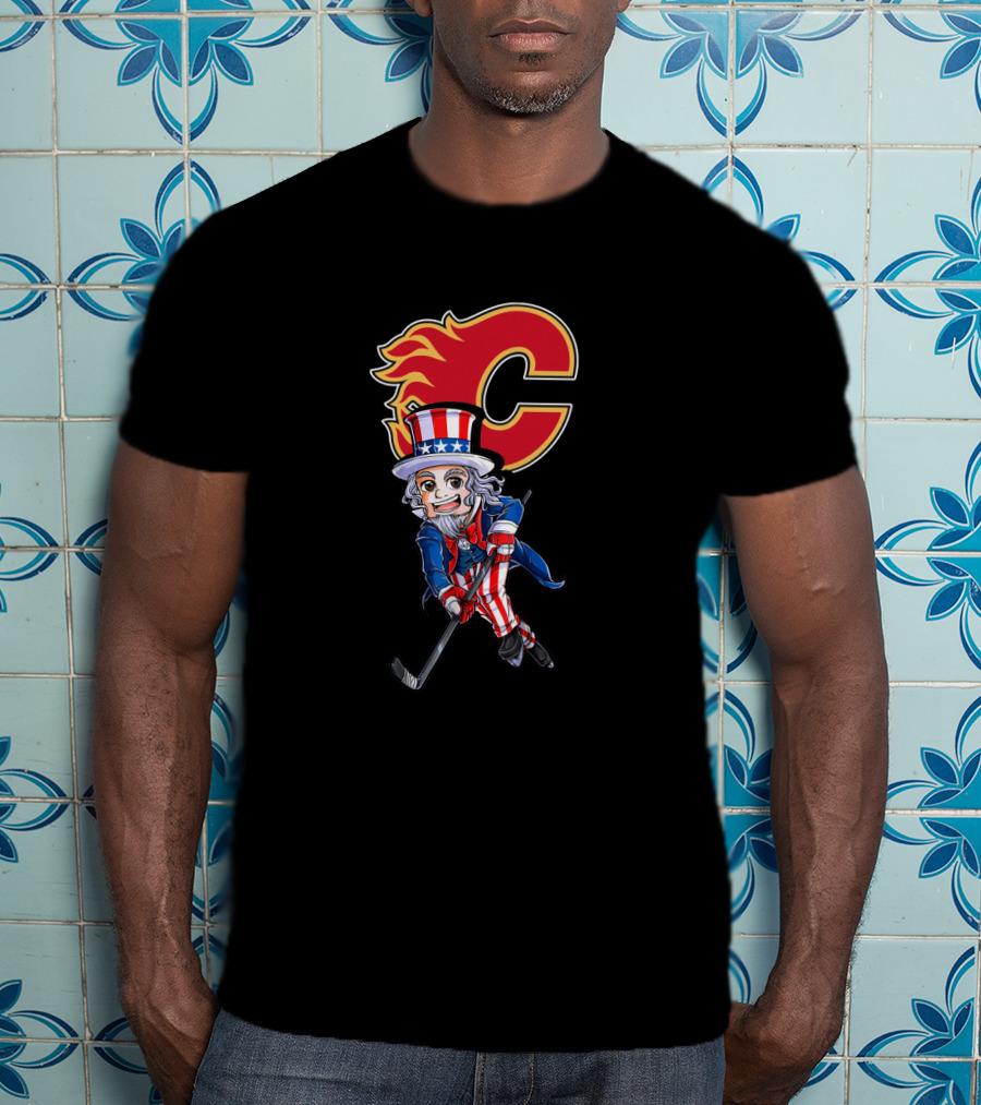 Uncle Sam Playing Hockey With Calgary Flames Emblem For 4Th Of July Celebration T-Shirt