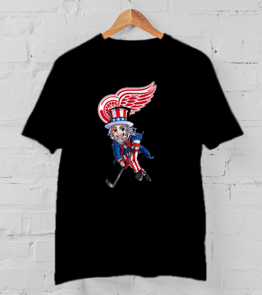 Uncle Sam Hockey With Detroit Red Wings Logo For 4Th Of July Celebration T-Shirt