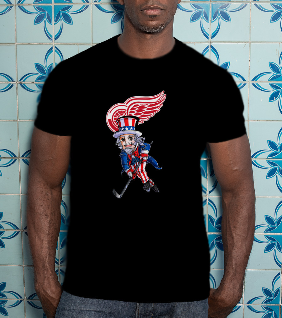Uncle Sam Hockey With Detroit Red Wings Logo For 4Th Of July Celebration T-Shirt
