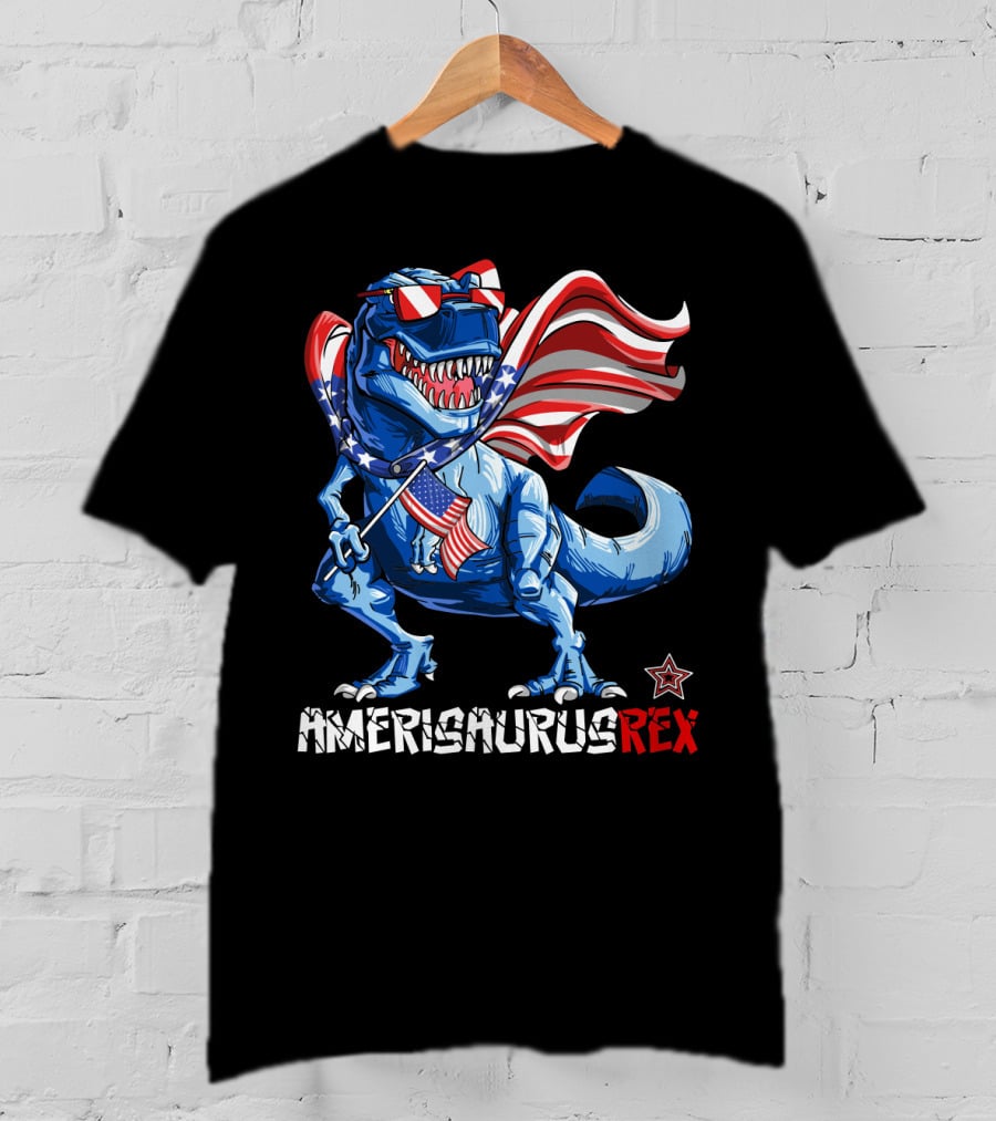 Amerisaurus Rex Dinosaur With Usa Flag And Star Sunglasses For Patriotic 4Th Of July T-Shirt