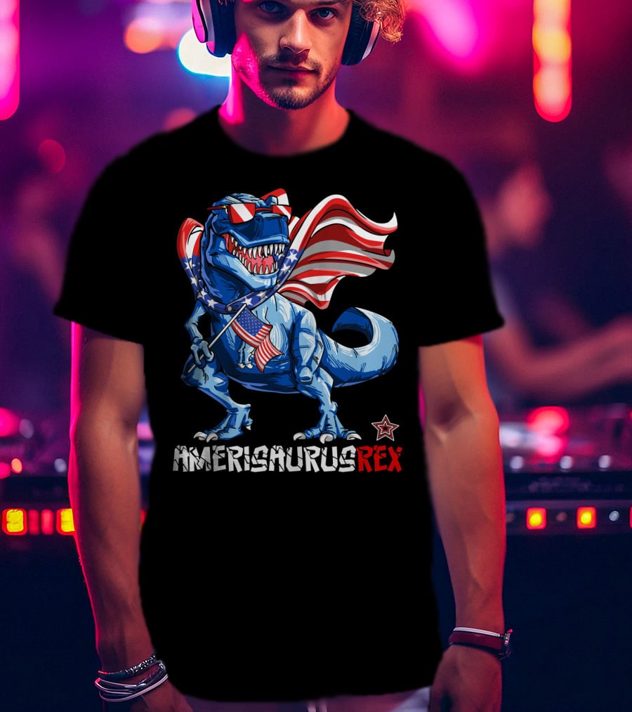 Amerisaurus Rex Dinosaur With Usa Flag And Star Sunglasses For Patriotic 4Th Of July T-Shirt