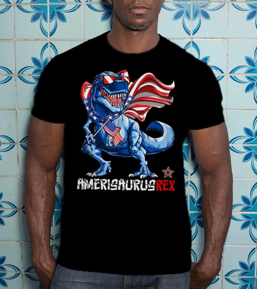 Amerisaurus Rex Dinosaur With Usa Flag And Star Sunglasses For Patriotic 4Th Of July T-Shirt
