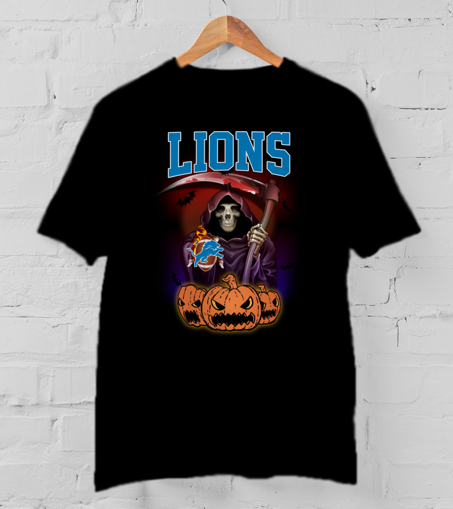 Detroit Lions Reaper Halloween Pumpkins And Scythe T-Shirt