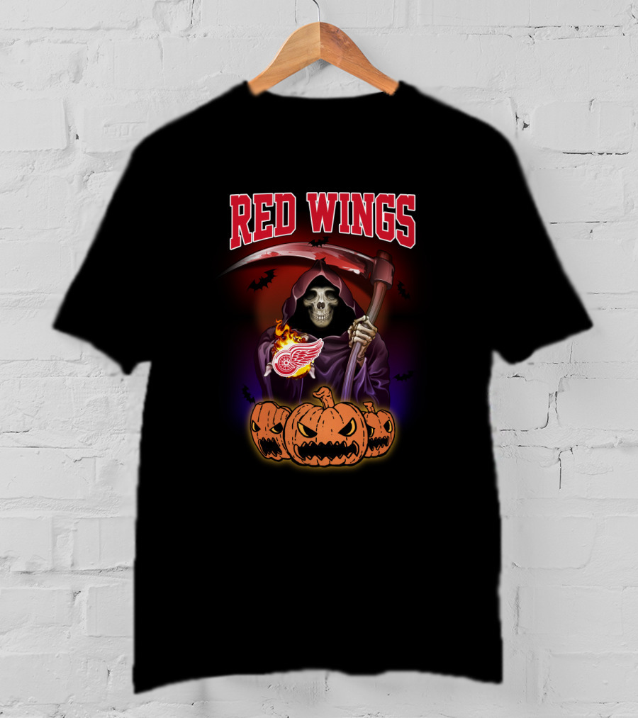 Red Wings Reaper Holding Scythe With Halloween Pumpkins And Detroit T-Shirt