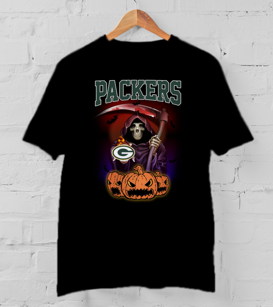 Packers Grim Reaper Holding Scythe With Pumpkins And Green Bay Logo Halloween T-Shirt