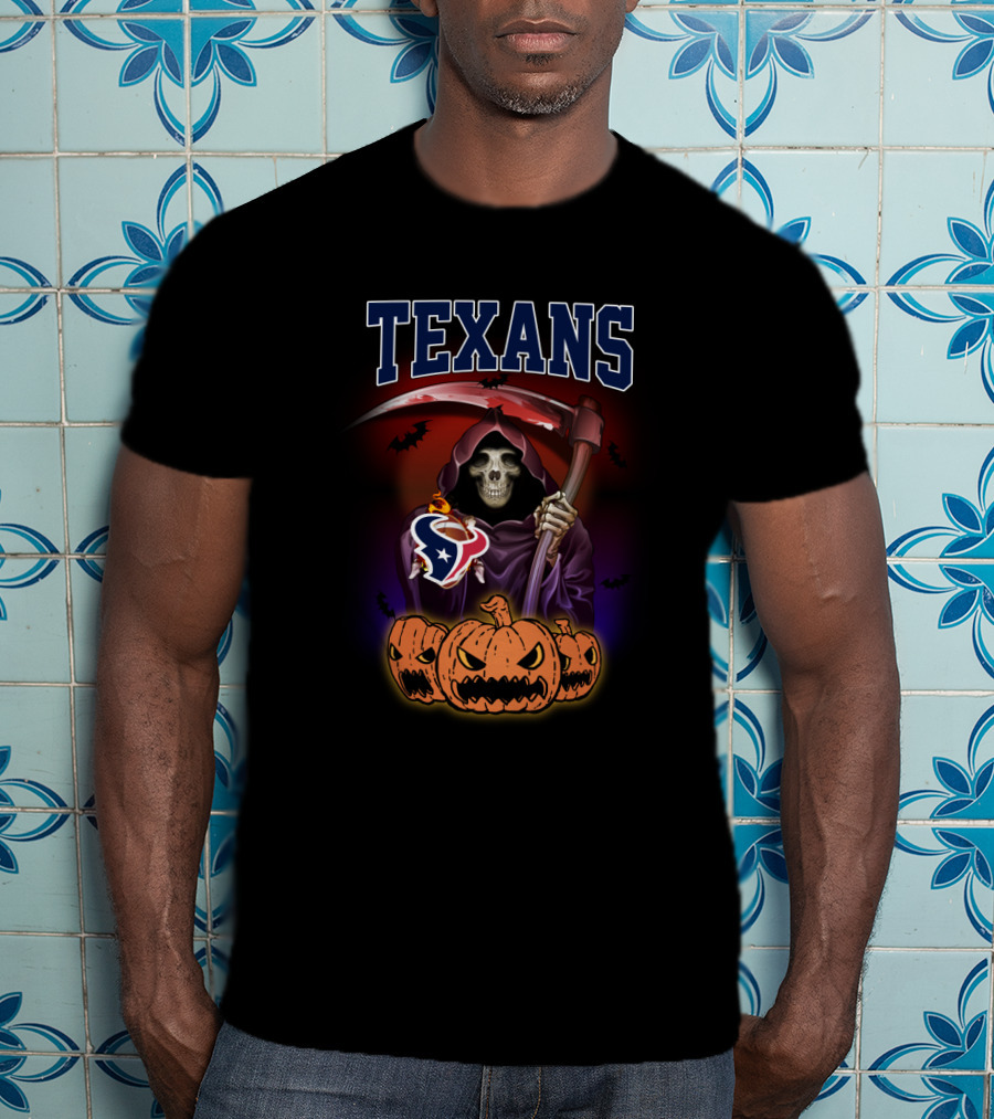 Texans Halloween Grim Reaper Pumpkin Scene With Football T-Shirt