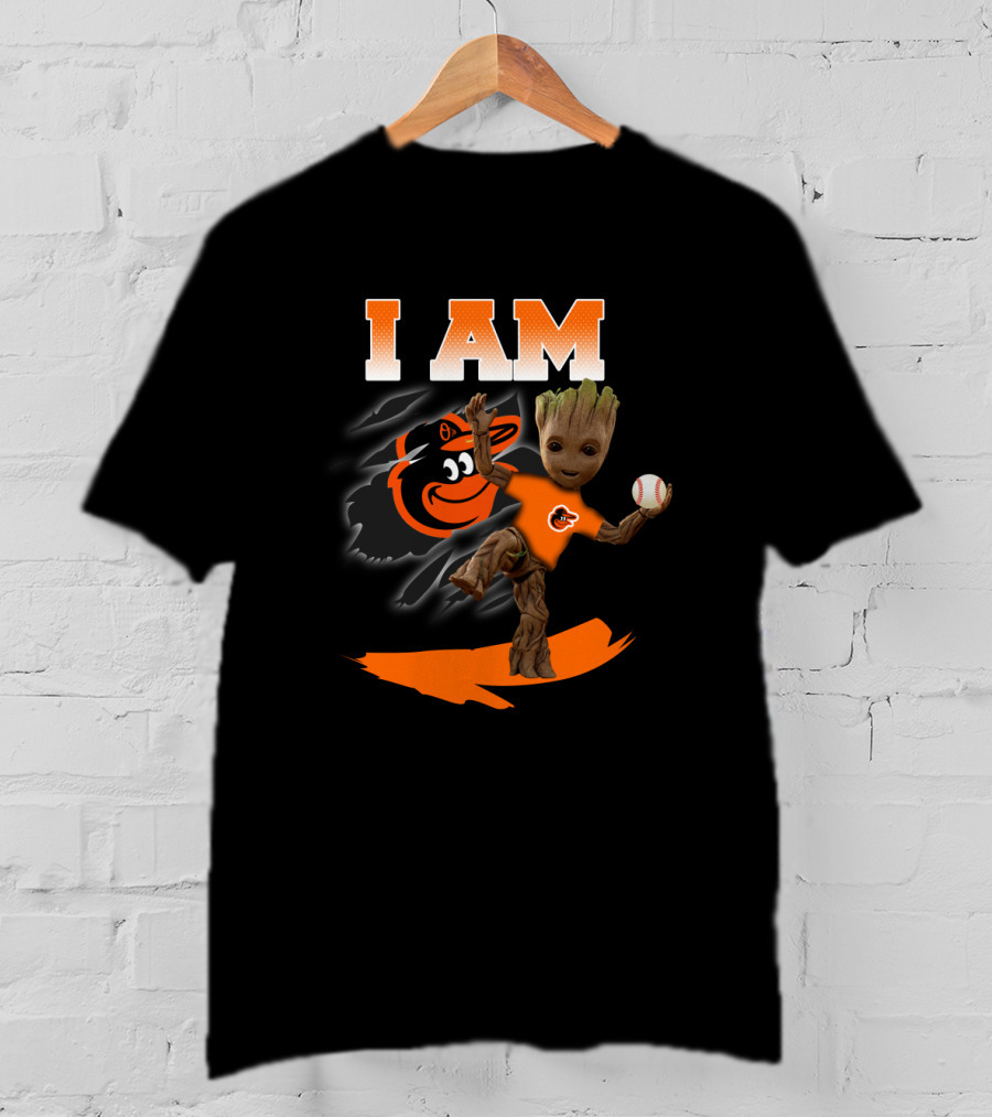 I Am Baltimore Orioles Groot With Baseball And Mascot T-Shirt