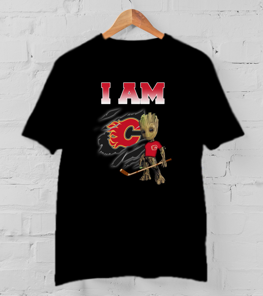 I Am Calgary Flames Groot With Hockey Stick And Flames T-Shirt