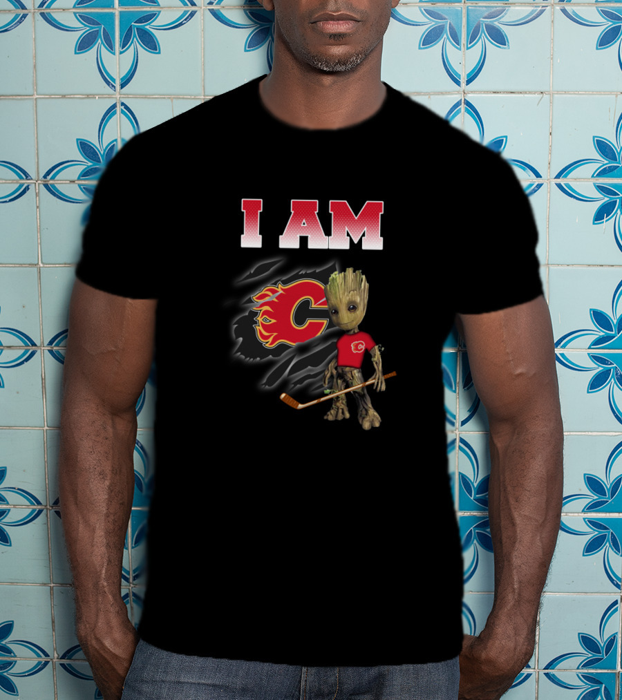 I Am Calgary Flames Groot With Hockey Stick And Flames T-Shirt
