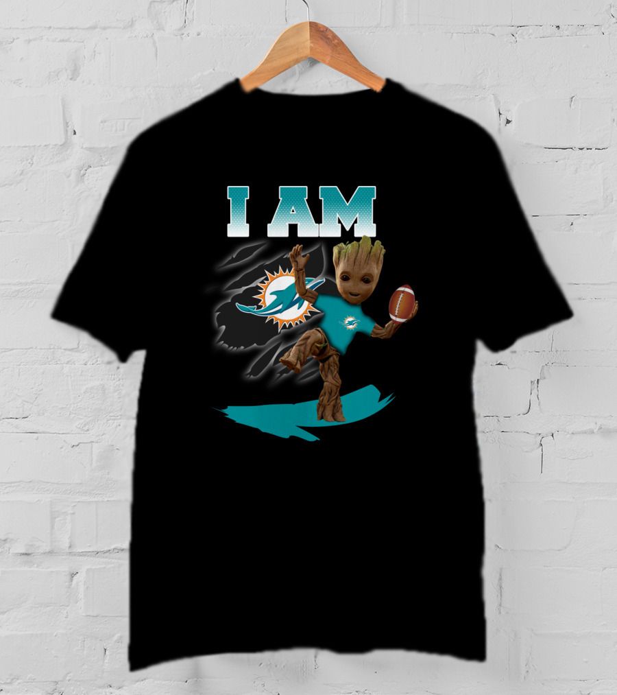 I Am Miami Dolphins Groot With Football T-Shirt