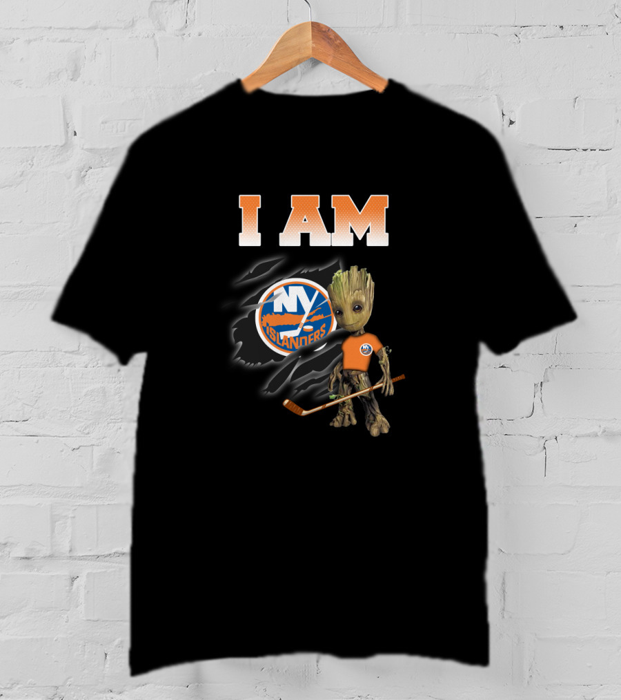I Am New York Islanders Groot Fan With Hockey Stick T-Shirt