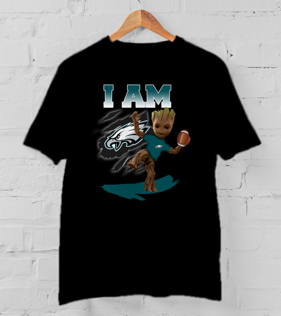 I Am Philadelphia Eagles Groot With Football T-Shirt