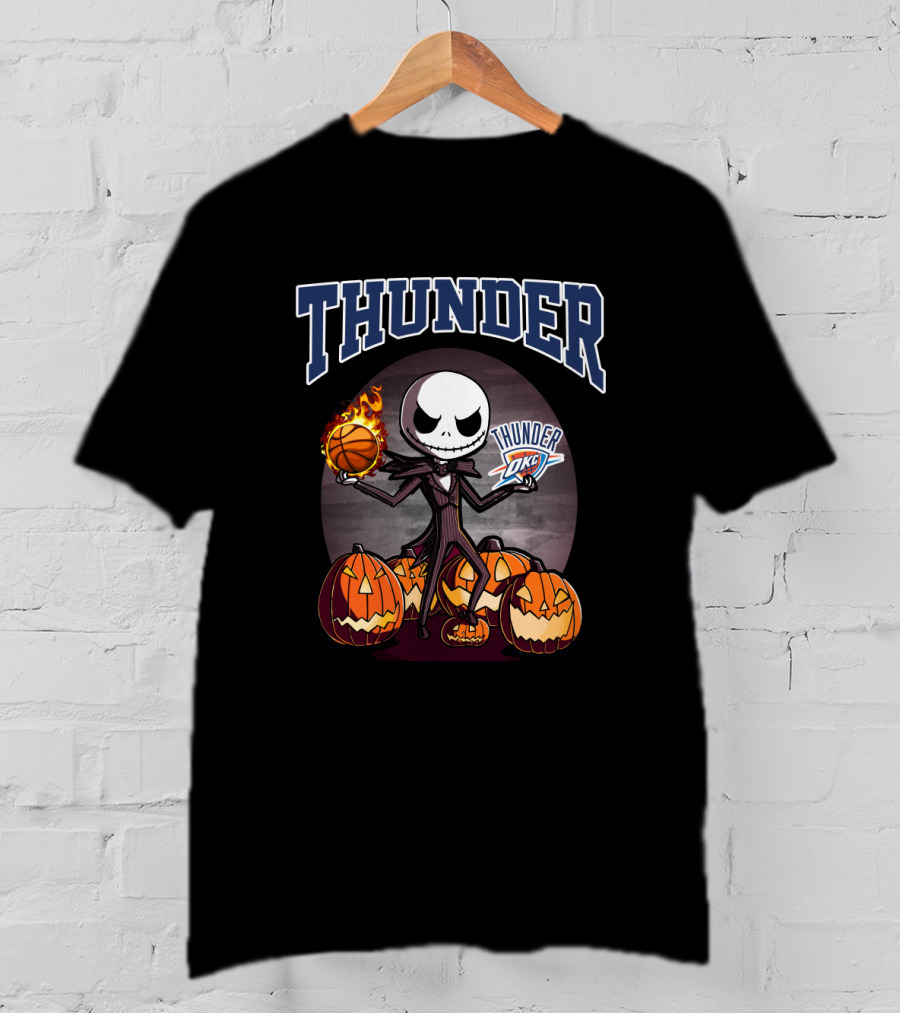 Thunder Jack Skellington Halloween Oklahoma City Thunder Basketball Pumpkins T-Shirt