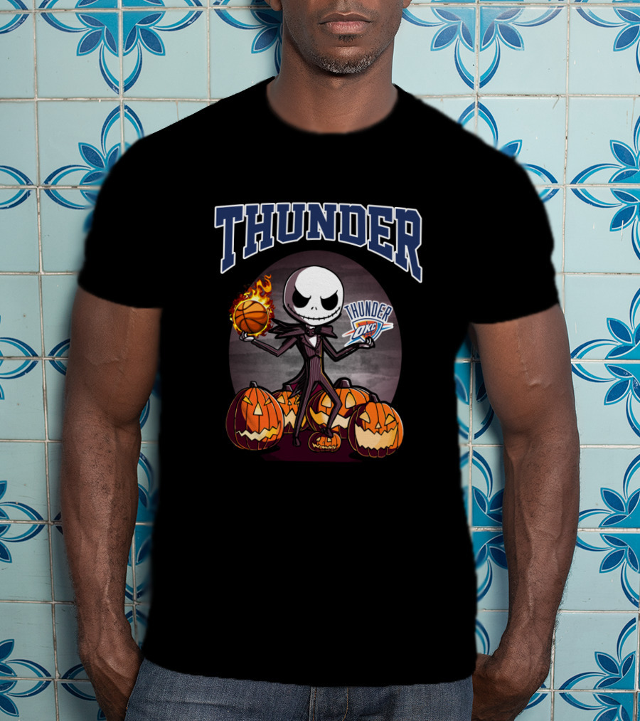 Thunder Jack Skellington Halloween Oklahoma City Thunder Basketball Pumpkins T-Shirt
