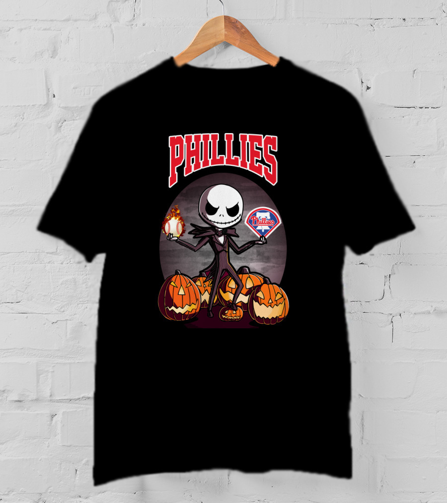 Phillies Jack Skellington Halloween With Pumpkins And Baseball T-Shirt