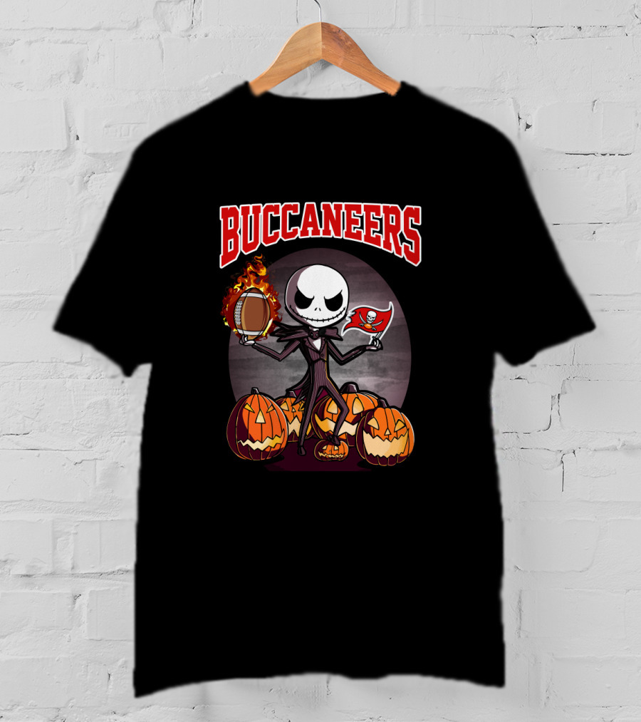 Jack Skellington Buccaneers Halloween With Flaming Football And Pirate Flag T-Shirt