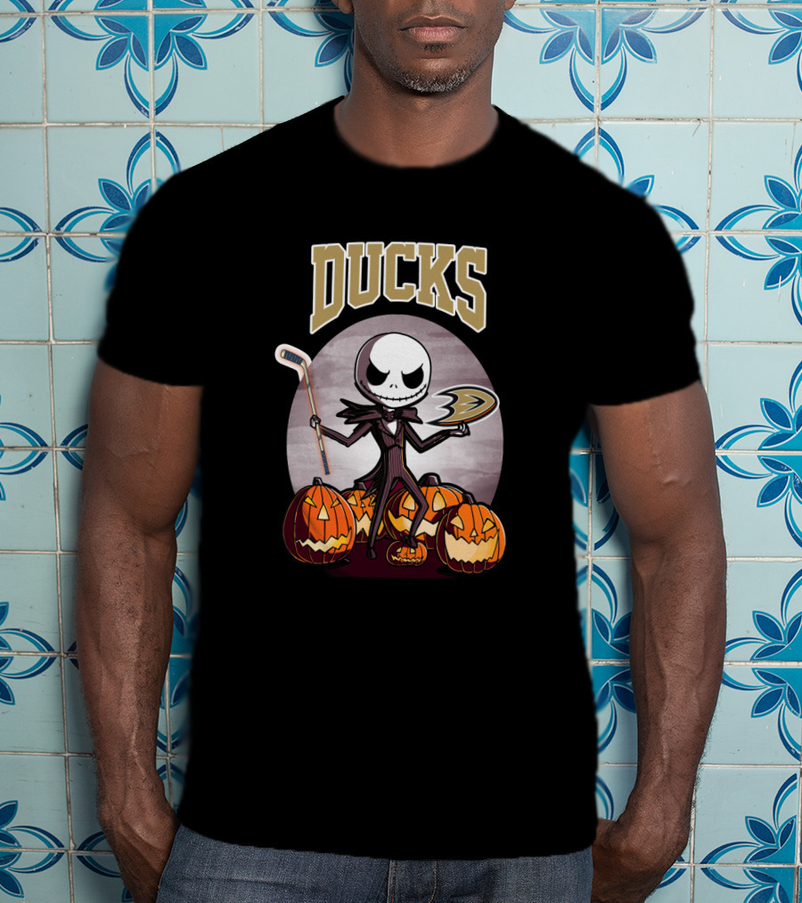 Jack Skellington Halloween Anaheim Ducks Hockey Pumpkins T-Shirt