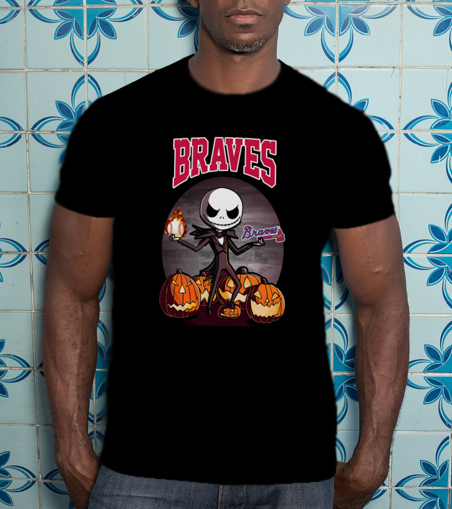Braves Jack Skellington Halloween Pumpkins With Flaming Baseball T-Shirt