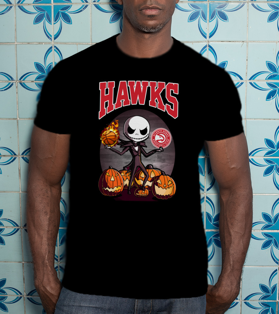 Jack Skellington Halloween Atlanta Hawks Basketball And Pumpkins T-Shirt