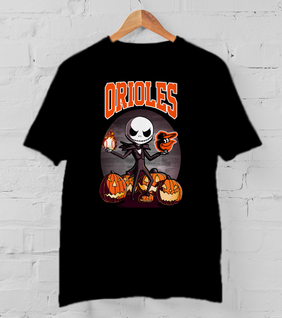 Orioles Halloween Jack Skellington Holding Flaming Baseball And Baltimore Orioles Logo Amidst Jack-O'-Lanterns T-Shirt