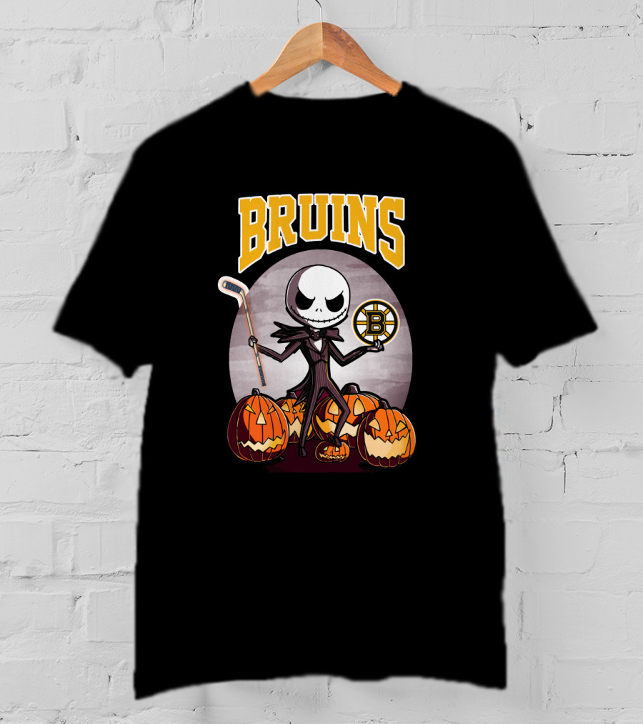 Bruins Jack Skellington Halloween With Boston Hockey Pumpkins T-Shirt