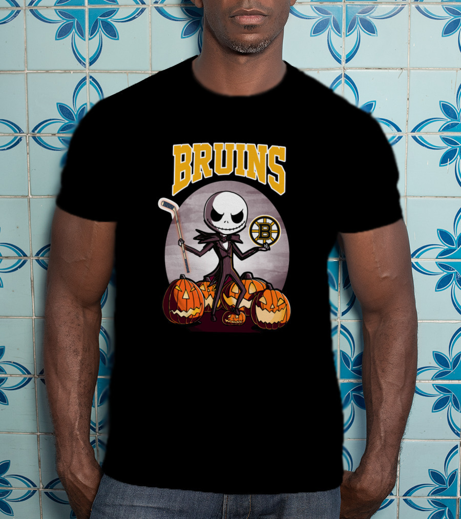 Bruins Jack Skellington Halloween With Boston Hockey Pumpkins T-Shirt