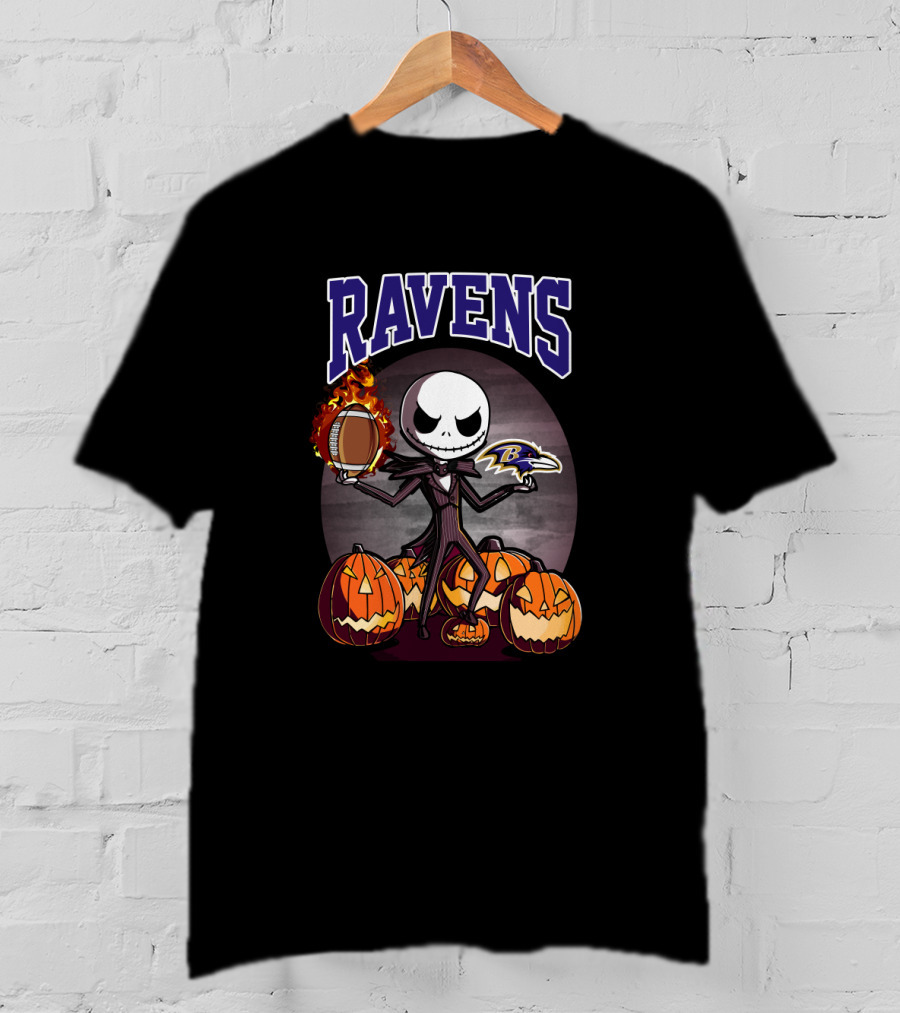 Jack Skellington Halloween Baltimore Ravens Pumpkin Football Ravens T-Shirt