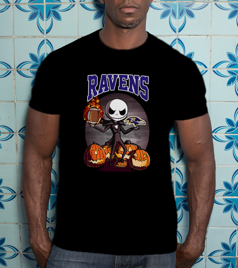 Jack Skellington Halloween Baltimore Ravens Pumpkin Football Ravens T-Shirt