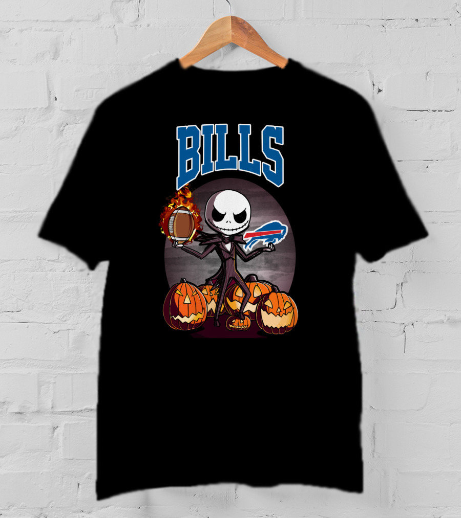 Jack Skellington Buffalo Bills Halloween Pumpkins Football And Flames T-Shirt