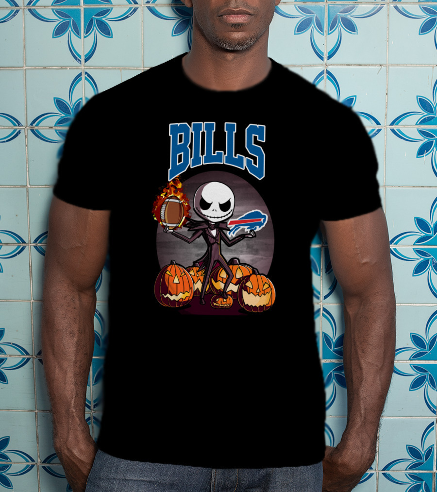 Jack Skellington Buffalo Bills Halloween Pumpkins Football And Flames T-Shirt
